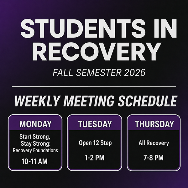 vent flyer for the ACC Students in Recovery Program displaying the Fall Semester 2026 weekly meeting schedule. Meetings are listed for Monday (All Recovery, 12:00 PM โ 1:00 PM), Tuesday (12 Step, 6:00 PM โ 7:00 PM), and Thursday (All Recovery, 5:30 PM โ 6:30 PM).